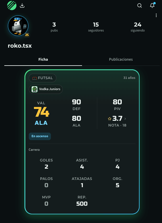 Mejengón player profile showing rating and match statistics