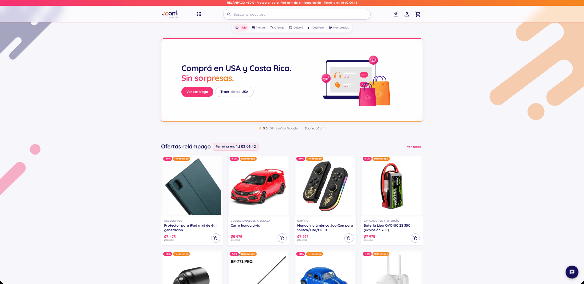 LaConfi public storefront with product catalog, flash offers and memberships